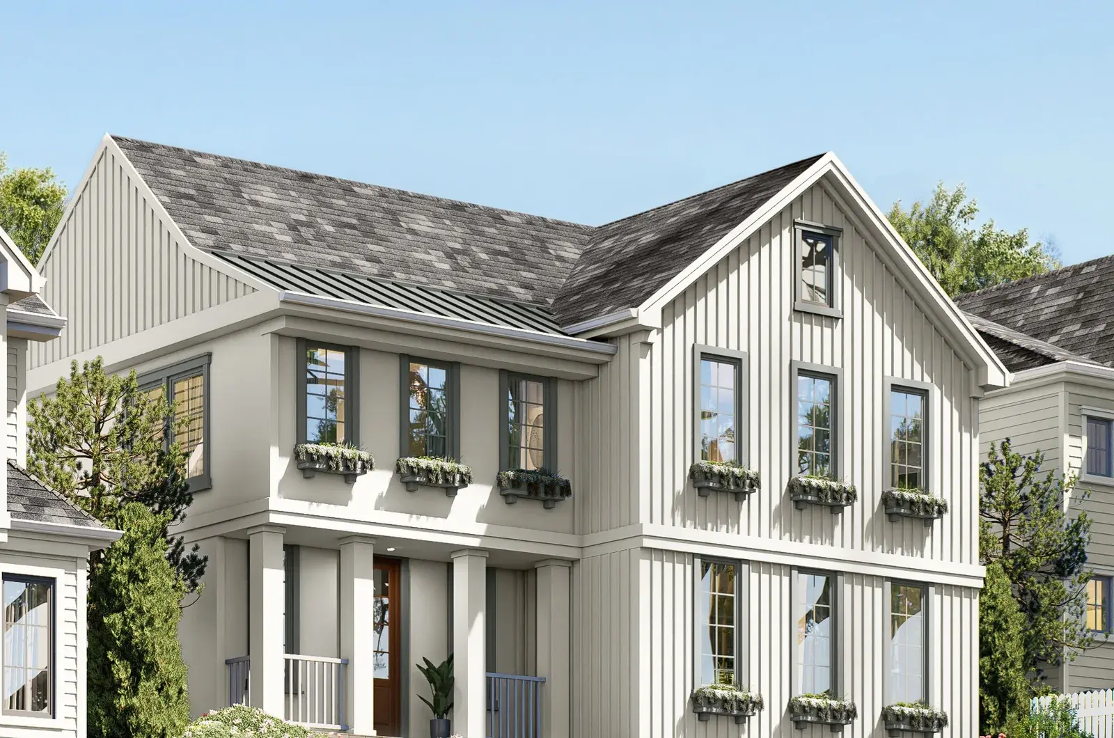 A Magnolia Grove home in cream board-and-batten, as it appears in the streetscape rendering